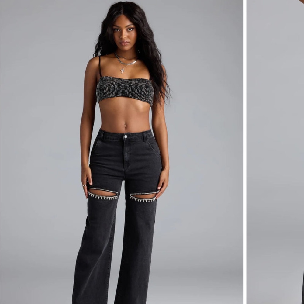 Windsor Black Wide Leg Jeans with Cutout Accents